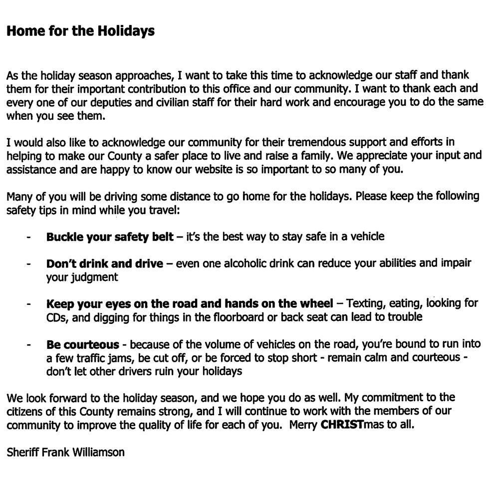 Christmas Letter from Sheriff Williamson.