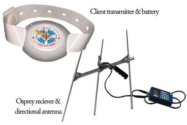Client transmitter and battery and the Osprey receiver and directional antenna.