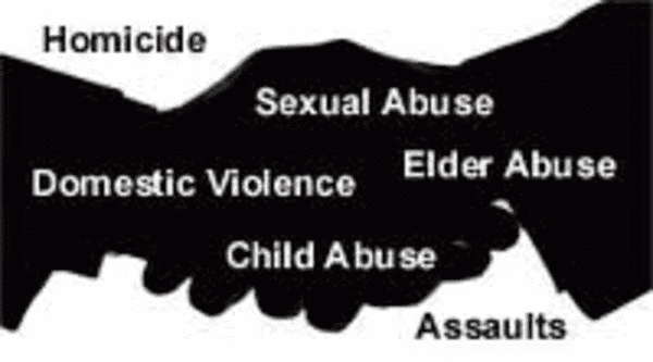 Two hands shaking with the following words scattered around- Homicide, Sexual Abuse, Domestic Violence, Elder Abuse, Child Abuse, and Assaults.