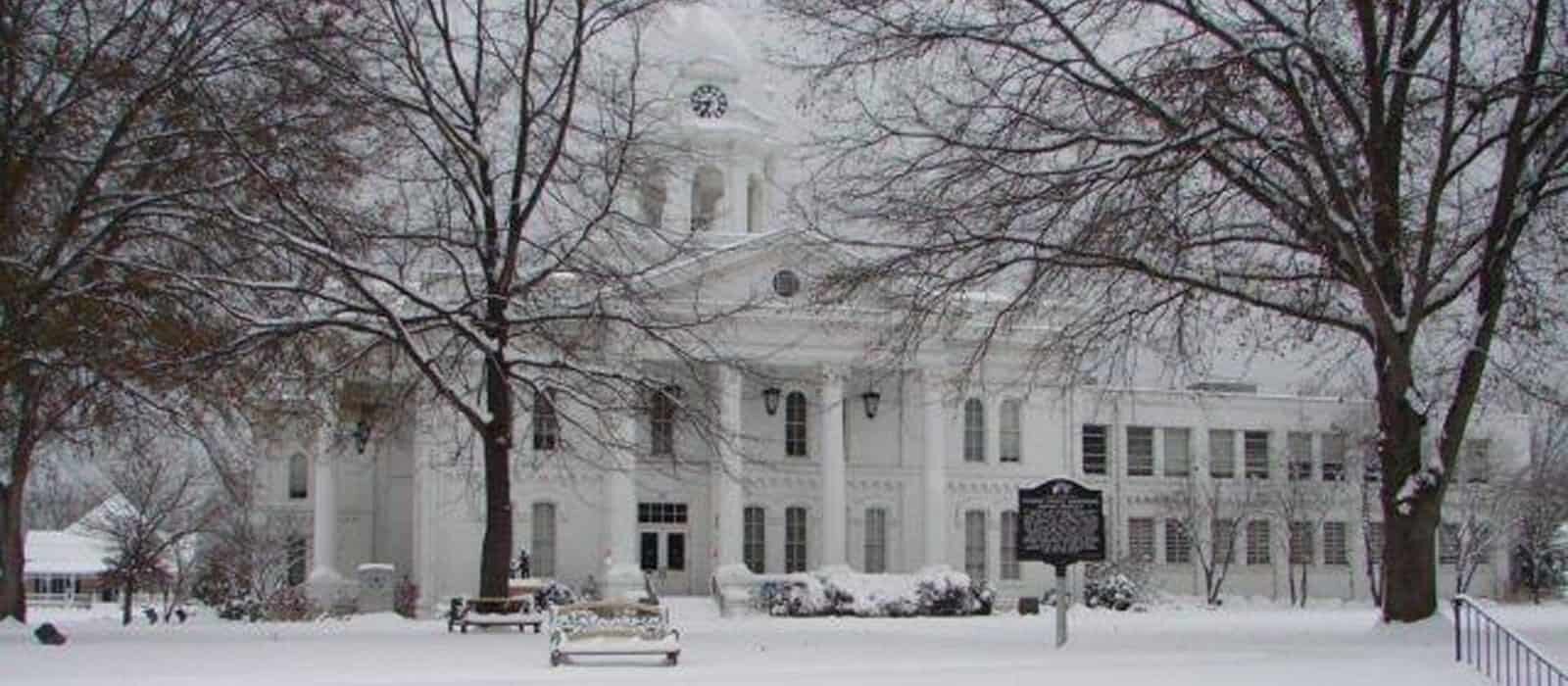 Colbert County Courthouse during winter snow.